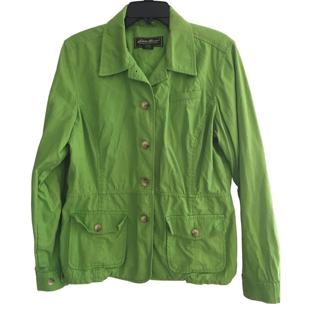 Eddie Bauer 100% Cotton Large Green Button Up Jacket Gathered Waist Flap Pockets